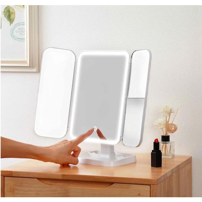 مرآة ماكياج ذكية ثلاثية الطي بإضاءة LED مع مكبر صوت